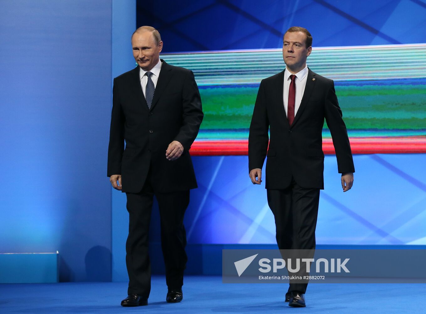 Russian President Vladimir Putin and Prime Minister Dmitry Medvedev participate in 15th United Russia Party convention