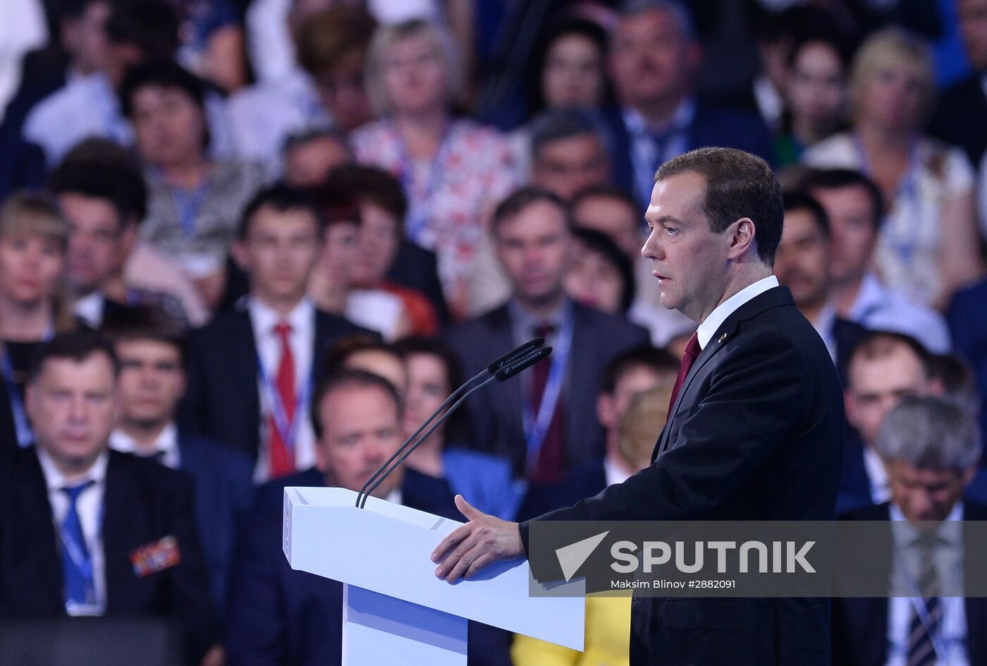 Russian President Vladimir Putin and Prime Minister Dmitry Medvedev participate in 15th United Russia Party convention