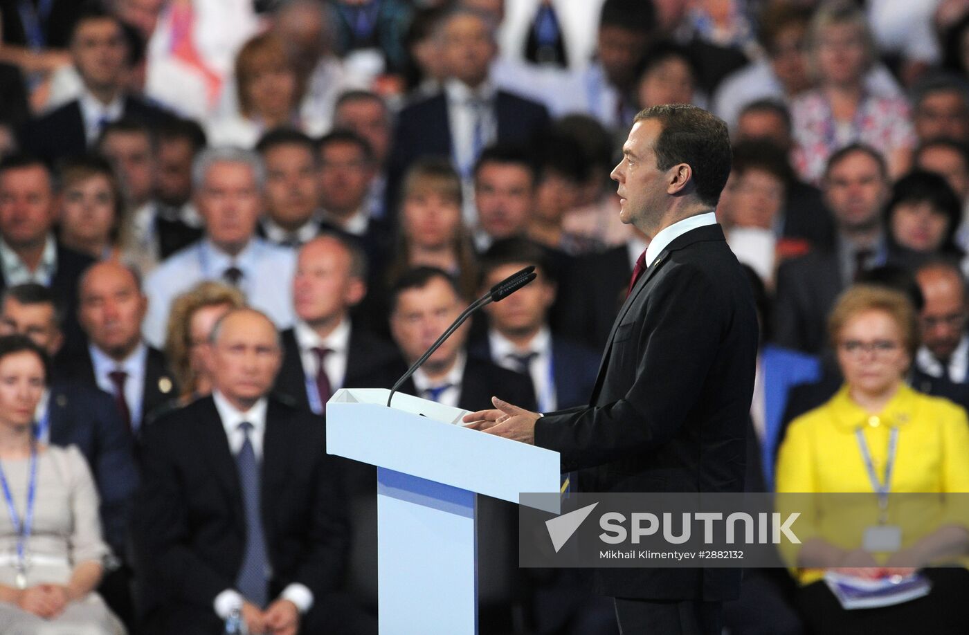 Russian President Vladimir Putin and Prime Minister Dmitry Medvedev participate in 15th United Russia Party convention
