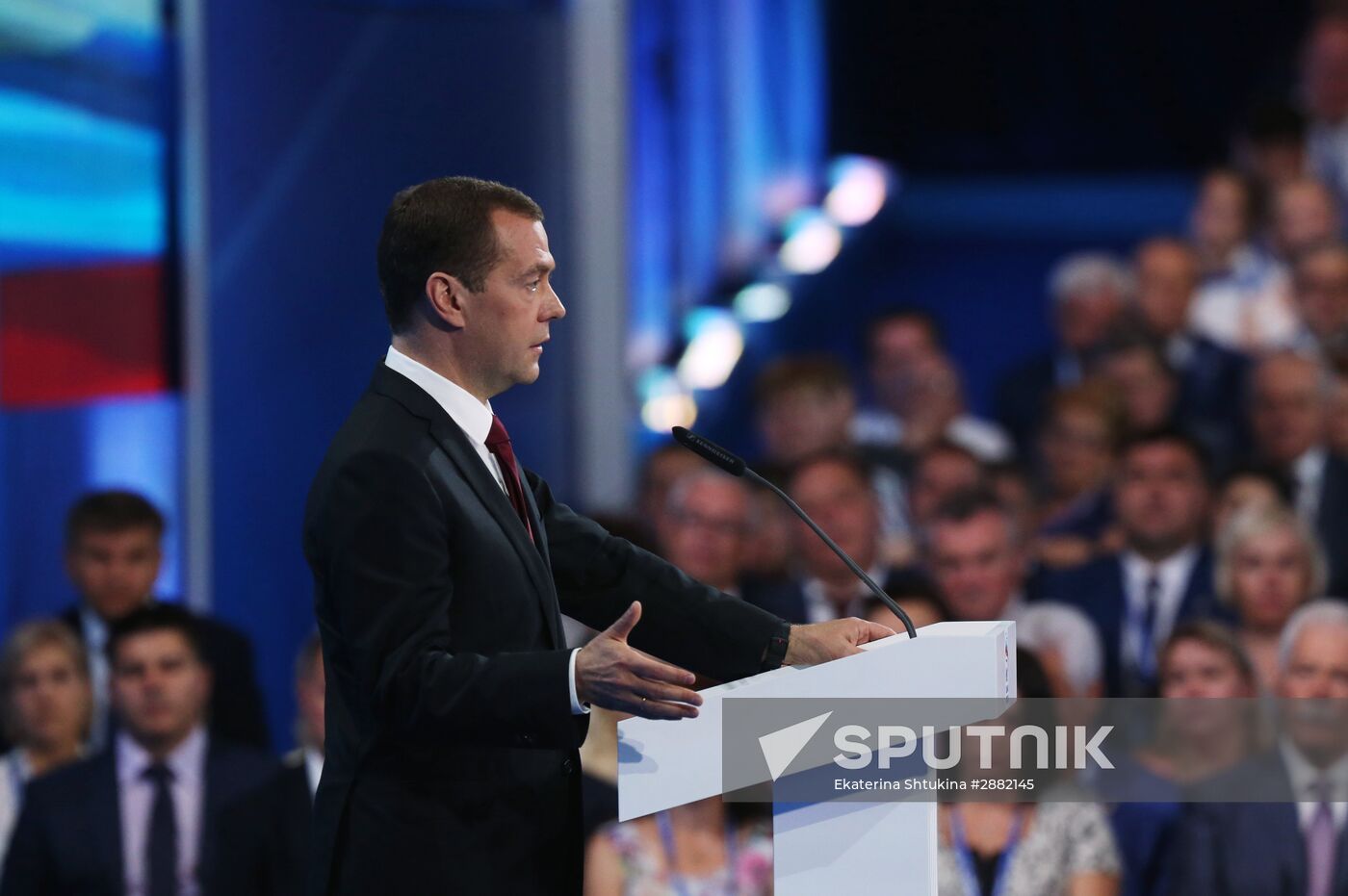 Russian President Vladimir Putin and Prime Minister Dmitry Medvedev participate in 15th United Russia Party convention