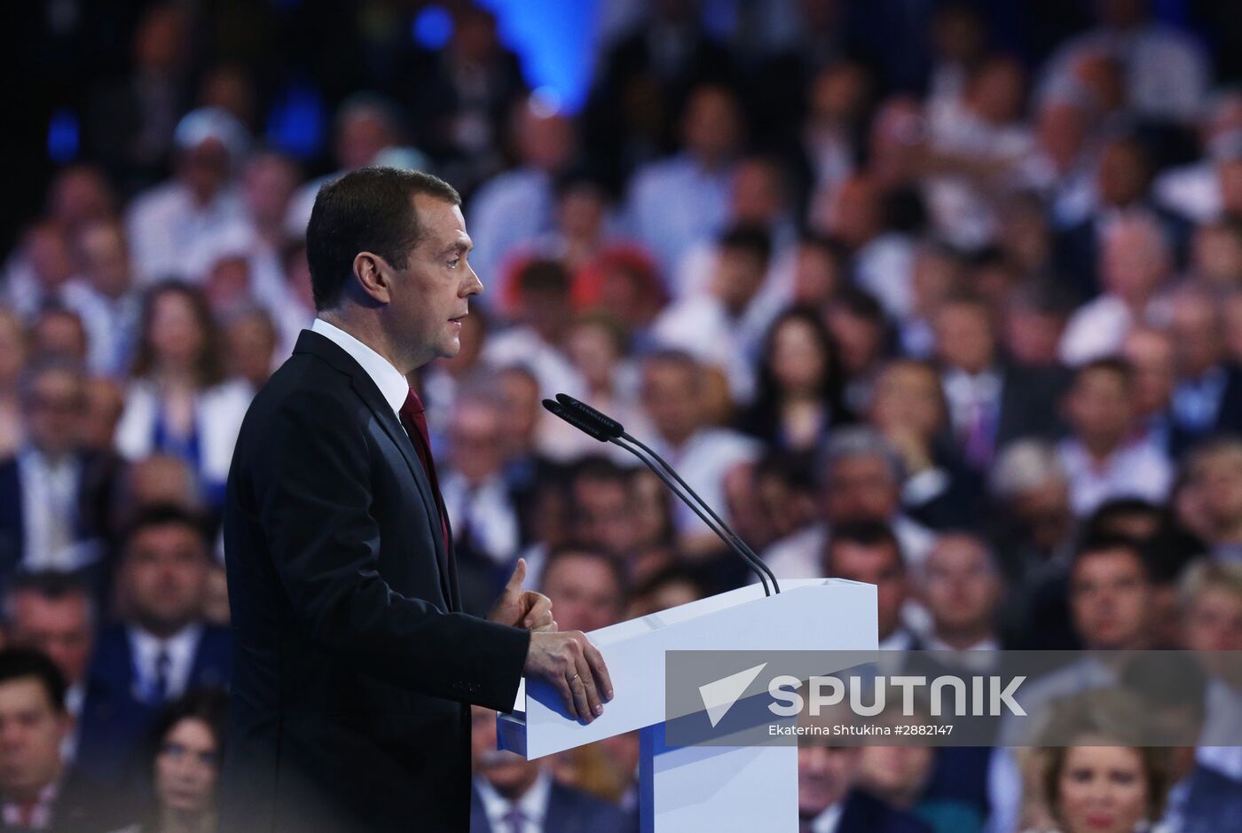 Russian President Vladimir Putin and Prime Minister Dmitry Medvedev participate in 15th United Russia Party convention