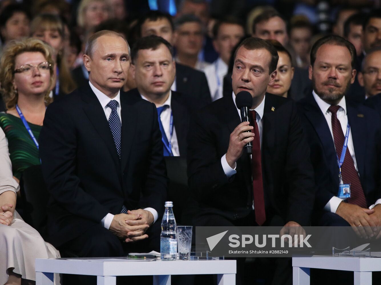 Russian President Vladimir Putin and Prime Minister Dmitry Medvedev participate in 15th United Russia Party convention