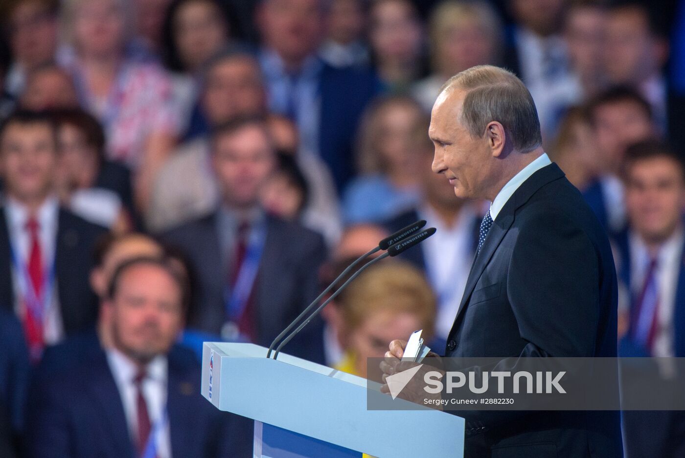 Russian President Vladimir Putin and Prime Minister Dmitry Medvedev participate in 15th United Russia Party convention