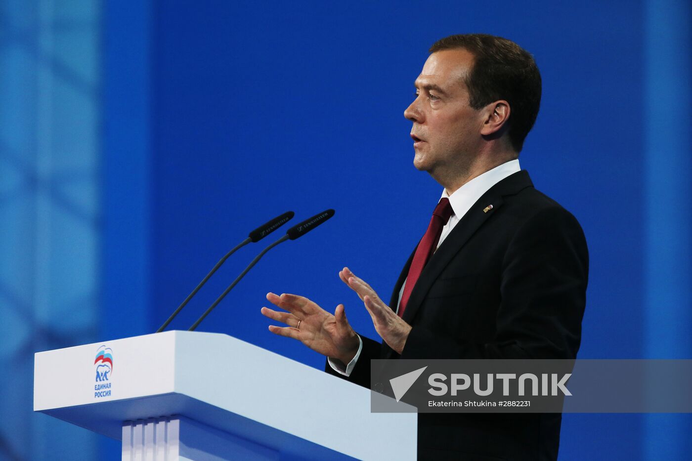 Russian President Vladimir Putin and Prime Minister Dmitry Medvedev participate in 15th United Russia Party convention