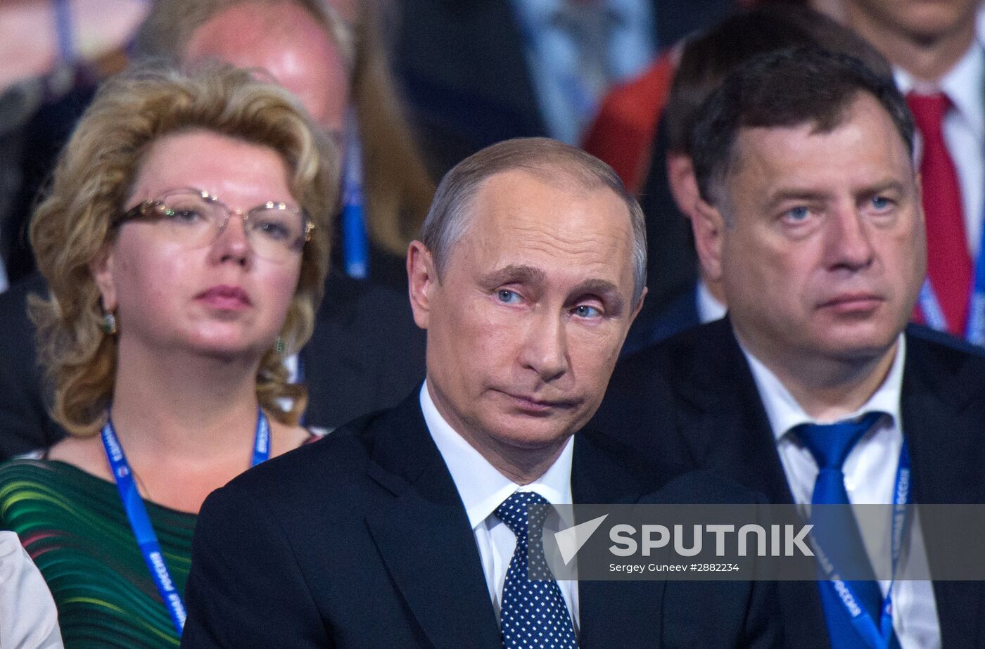 Russian President Vladimir Putin and Prime Minister Dmitry Medvedev participate in 15th United Russia Party convention