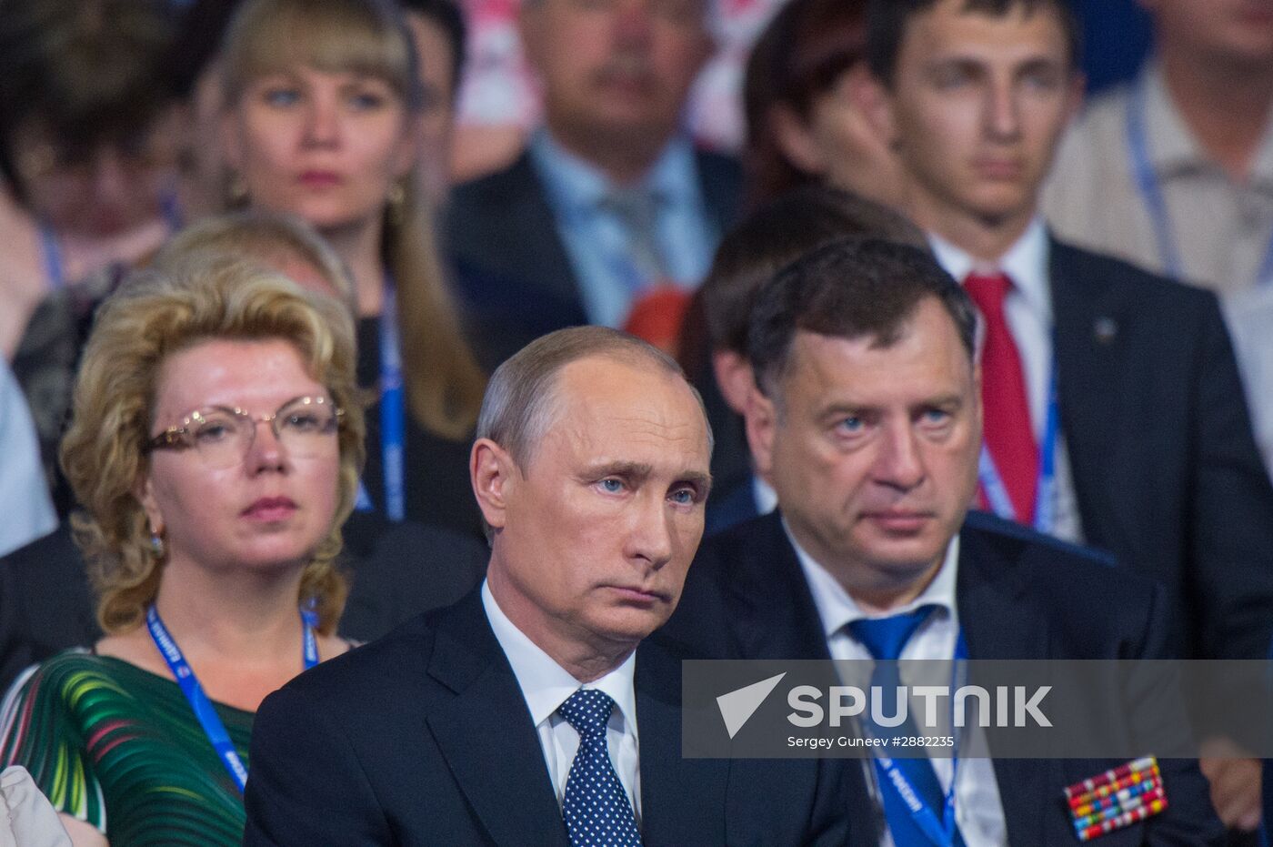 Russian President Vladimir Putin and Prime Minister Dmitry Medvedev participate in 15th United Russia Party convention