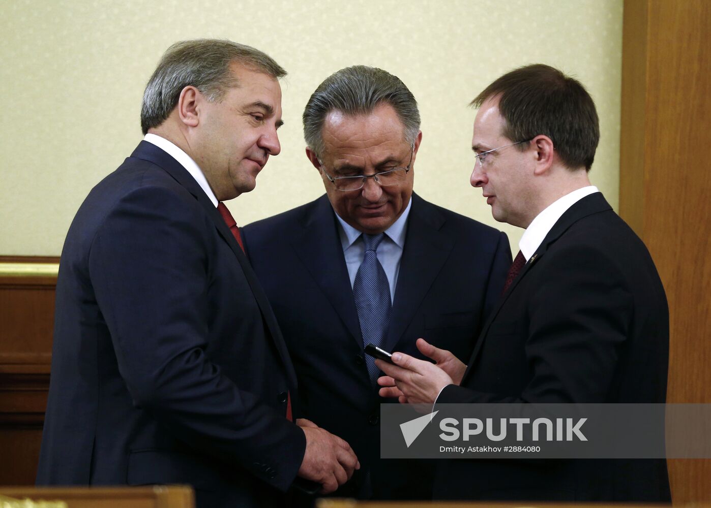 June 30, 2016. From left: Russian Emergencies Minister Vladimir Puchkov, Minister of Sport Vitaly Mutko and Minister of Culture Vladimir Medinsky before a Government meeting at the Government House. Location: Russia, Moscow. Author: Dmitry Astakhov/Sputnik. Russian Prime Minister Dmitry Medvedev chairs Government meeting