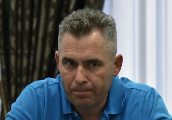Children's Ombudsman Pavel Astakhov talks with journalists in Simferopol airport