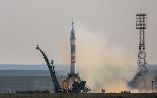 Launch of Soyuz-FG launch vehicle carrying Soyuz-MS spacecraft from Baikonur Cosmodrome