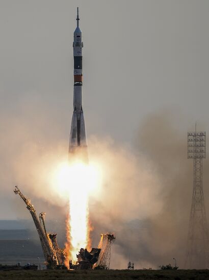 Launch of Soyuz-FG launch vehicle carrying Soyuz-MS spacecraft from Baikonur Cosmodrome