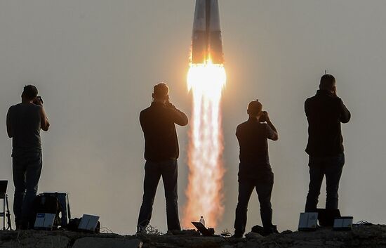 Launch of Soyuz-FG launch vehicle carrying Soyuz-MS spacecraft from Baikonur Cosmodrome