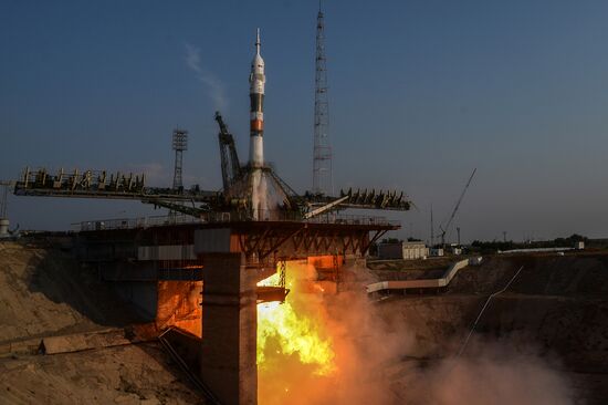 Launch of Soyuz-FG launch vehicle carrying Soyuz-MS spacecraft from Baikonur Cosmodrome