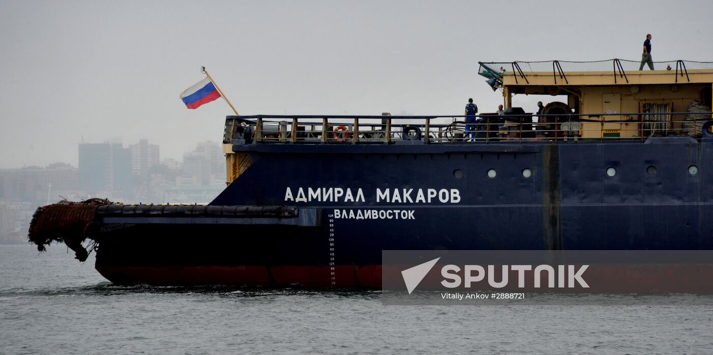 The Admiral Makarov icebreaker sets sail from Vladivostok