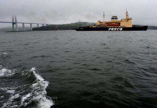 The Admiral Makarov icebreaker sets sail from Vladivostok