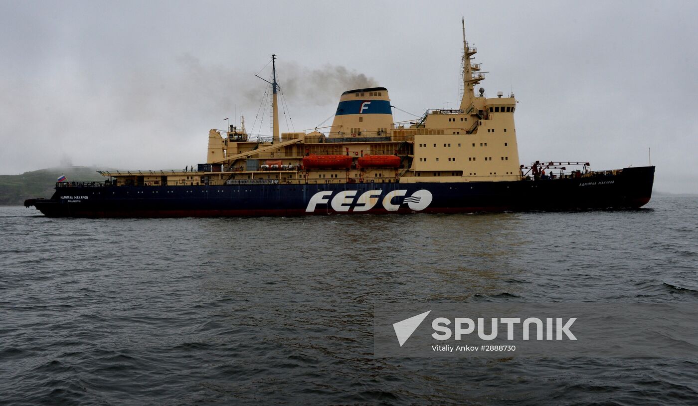 The Admiral Makarov icebreaker sets sail from Vladivostok