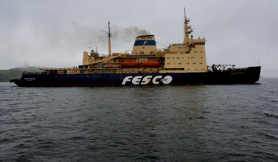 The Admiral Makarov icebreaker sets sail from Vladivostok