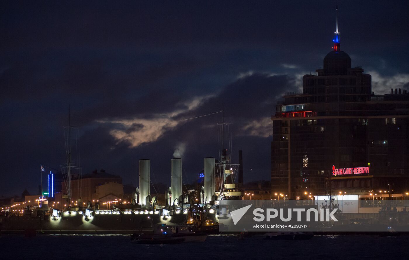 Cruiser Aurora towed to permanent mooring at Petrovskaya Embankment