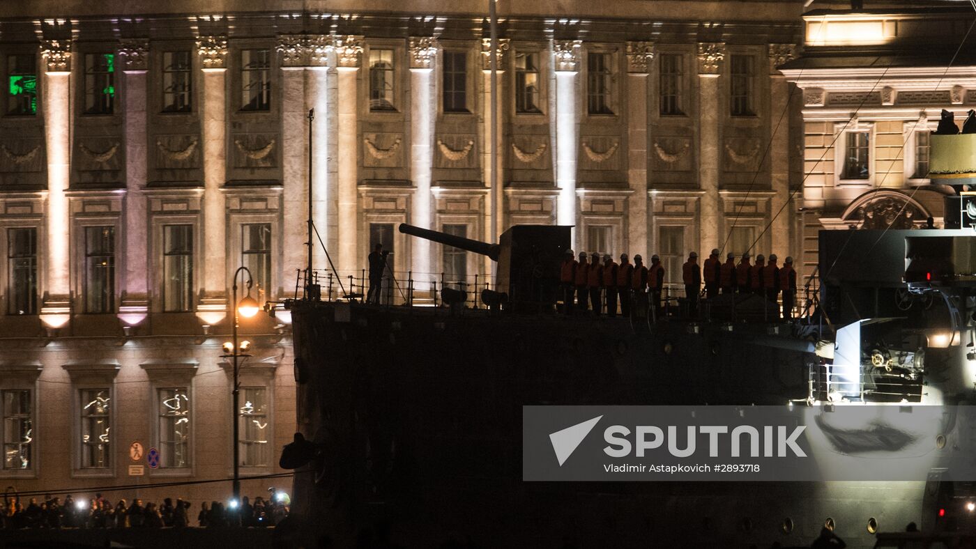 Cruiser Aurora towed to permanent mooring at Petrovskaya Embankment