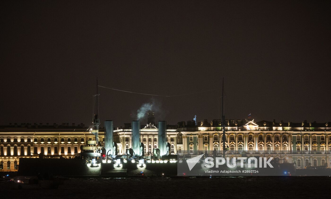Cruiser Aurora towed to permanent mooring at Petrovskaya Embankment