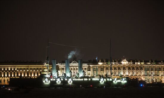 Cruiser Aurora towed to permanent mooring at Petrovskaya Embankment