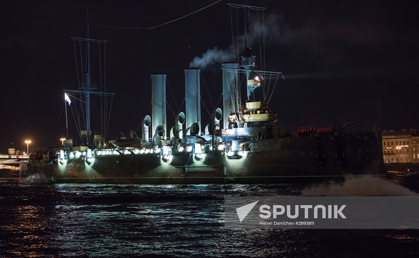Cruiser Aurora towed to permanent mooring at Petrovskaya Embankment
