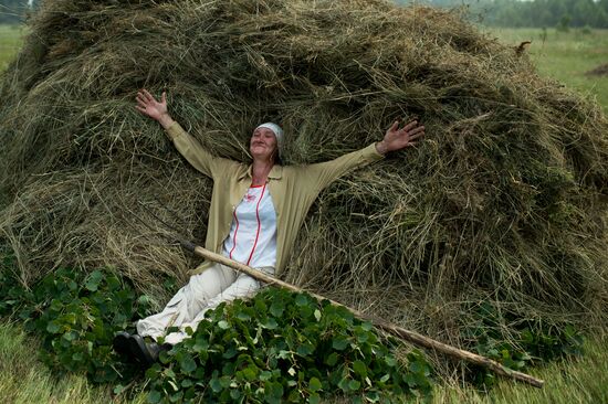 Harvesting hay in Omsk region