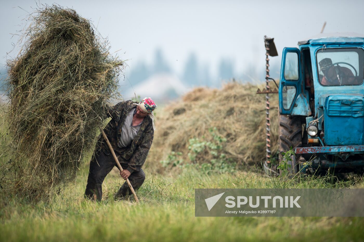 Harvesting hay in Omsk region