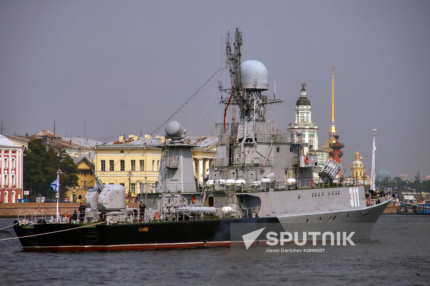 Warships enter the Neva River to take part in Russian Navy Day parade