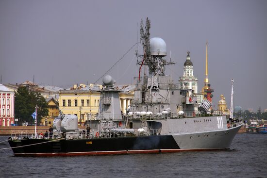 Warships enter the Neva River to take part in Russian Navy Day parade