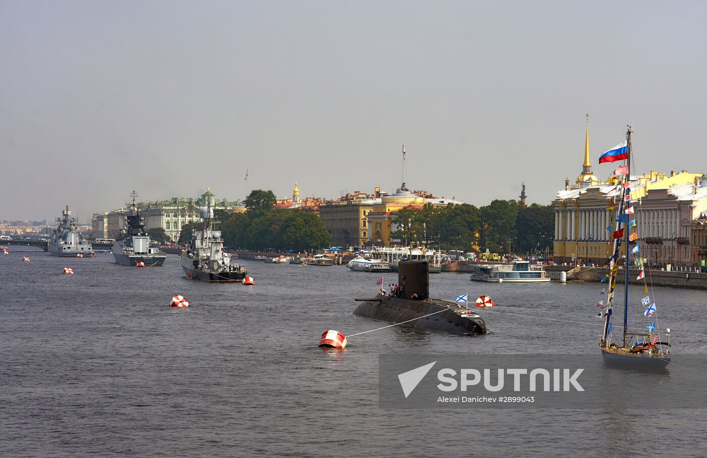 Warships enter the Neva River to take part in Russian Navy Day parade