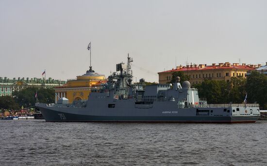 Warships enter the Neva River to take part in Russian Navy Day parade