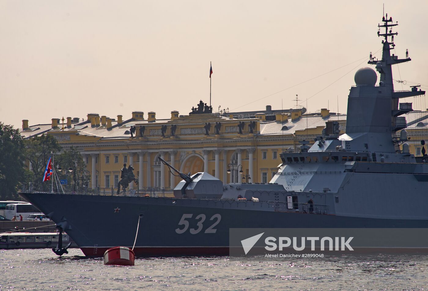 Warships enter the Neva River to take part in Russian Navy Day parade