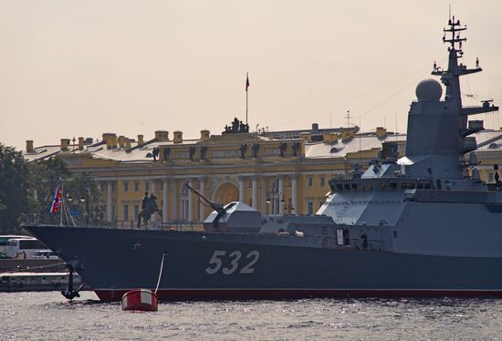 Warships enter the Neva River to take part in Russian Navy Day parade