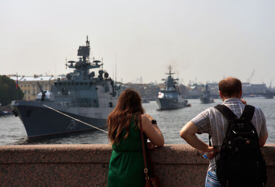 Warships enter the Neva River to take part in Russian Navy Day parade