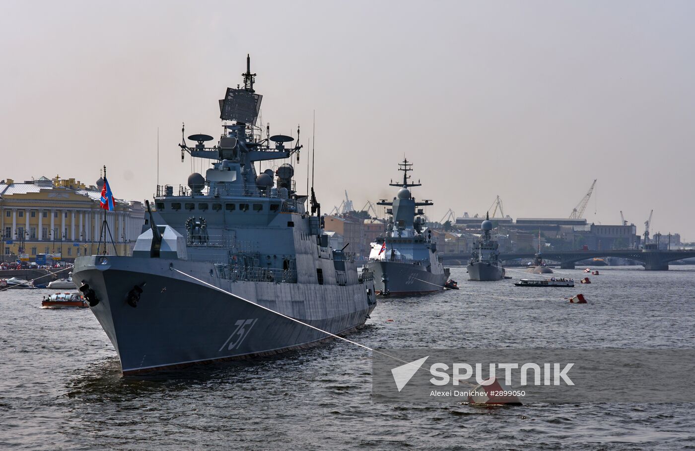 Warships enter the Neva River to take part in Russian Navy Day parade