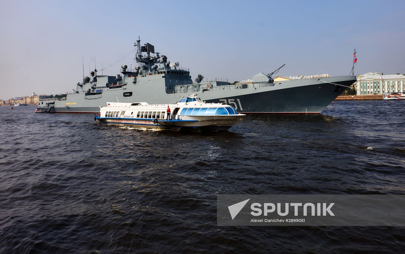 Warships enter the Neva River to take part in Russian Navy Day parade
