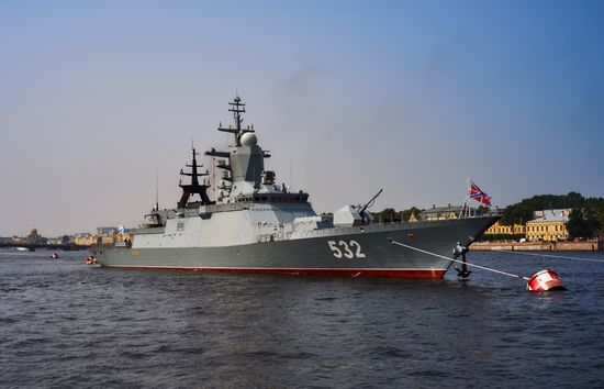 Warships enter the Neva River to take part in Russian Navy Day parade