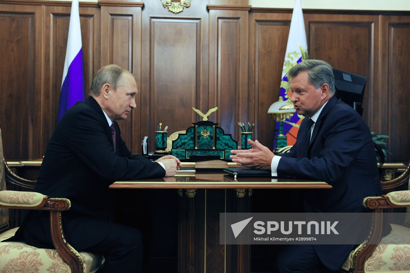 Russian President Vladimir Putin meets with Oleg Belaventsev