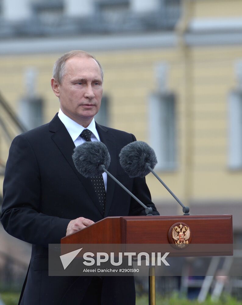 Russian President Vladimir Putin takes part in celebrating Nay Day in St. Petersburg