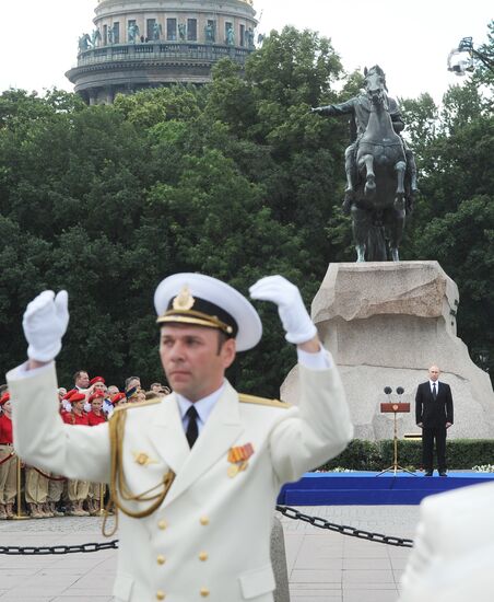 Russian President Vladimir Putin takes part in celebrating Nay Day in St. Petersburg