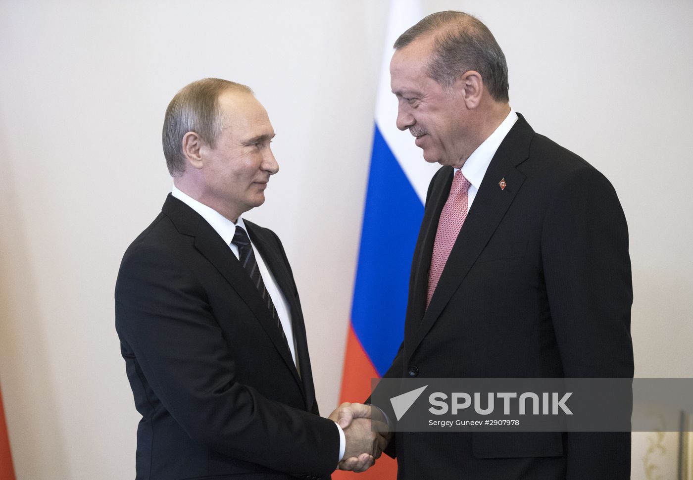 Russian President Vladimir Putin meets with Turkish President Recep Tayyip Erdogan in St. Petersburg