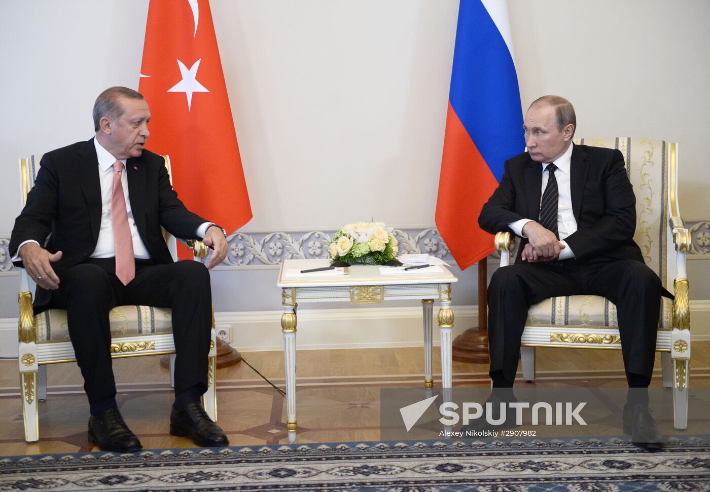 Russian President Vladimir Putin meets with Turkish President Recep Tayyip Erdogan in St. Petersburg