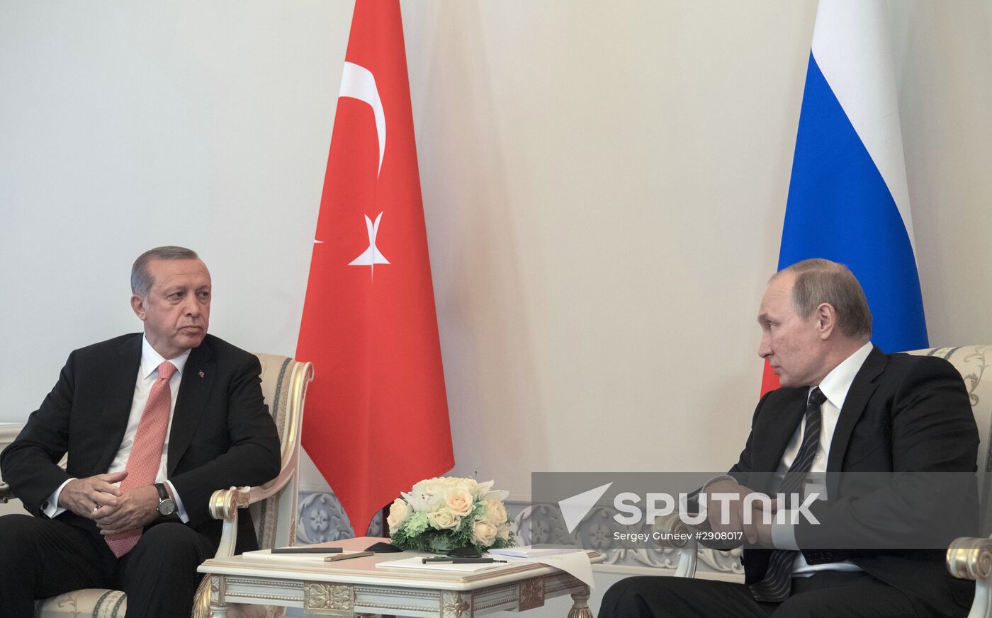 Russian President Vladimir Putin meets with Turkish President Recep Tayyip Erdogan in St. Petersburg