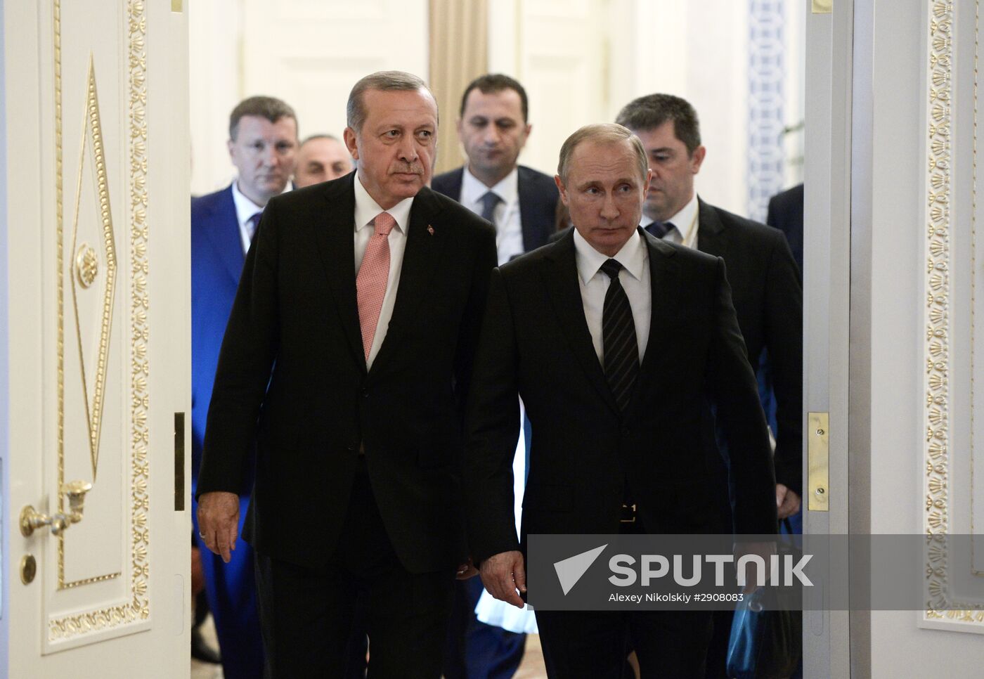 Russian President Vladimir Putin meets with Turkish President Recep Tayyip Erdogan in St. Petersburg