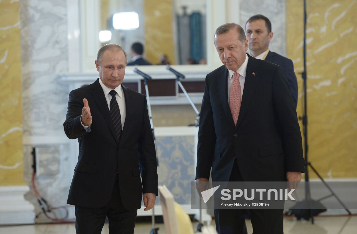 Russian President Vladimir Putin meets with Turkish President Recep Tayyip Erdogan in St. Petersburg