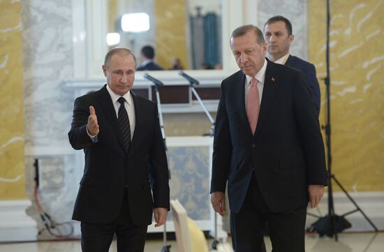 Russian President Vladimir Putin meets with Turkish President Recep Tayyip Erdogan in St. Petersburg