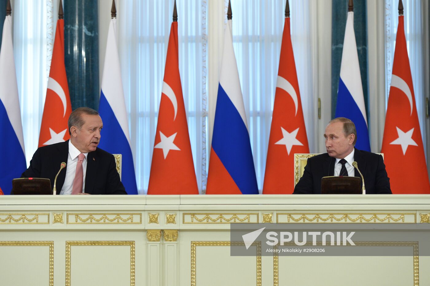 Russian President Vladimir Putin meets with Turkish President Recep Tayyip Erdogan in St. Petersburg