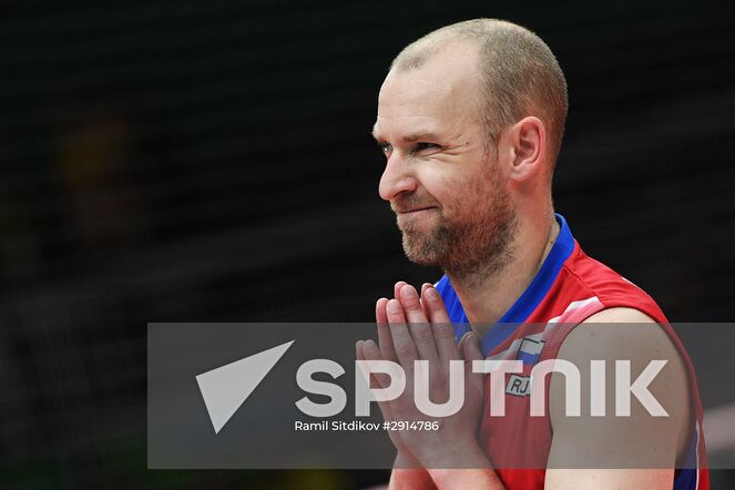 Russia's Alexei Verbov during the quarterfinals of the men's volleyball between Canada and Russia at the XXXI Summer Olympics. Location: Brazil, Rio de Janeiro. Author: Ramil Sitdikov/Sputnik. The 2016 Summer Olympics. Volleyball. Men. Canada vs. Russia