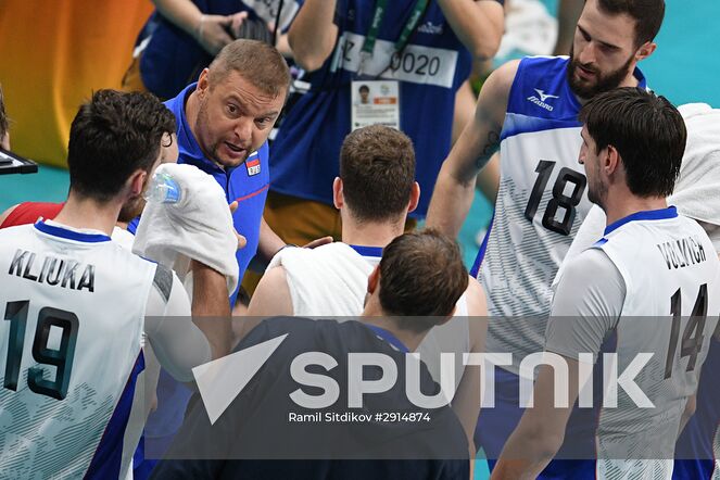 Russia's chief coach Vladimir Alekno, second from left, during the quarterfinals of the men's volleyball between Canada and Russia at the XXXI Summer Olympics. Location: Brazil, Rio de Janeiro. Author: Ramil Sitdikov/Sputnik. The 2016 Summer Olympics. Volleyball. Men. Canada vs. Russia