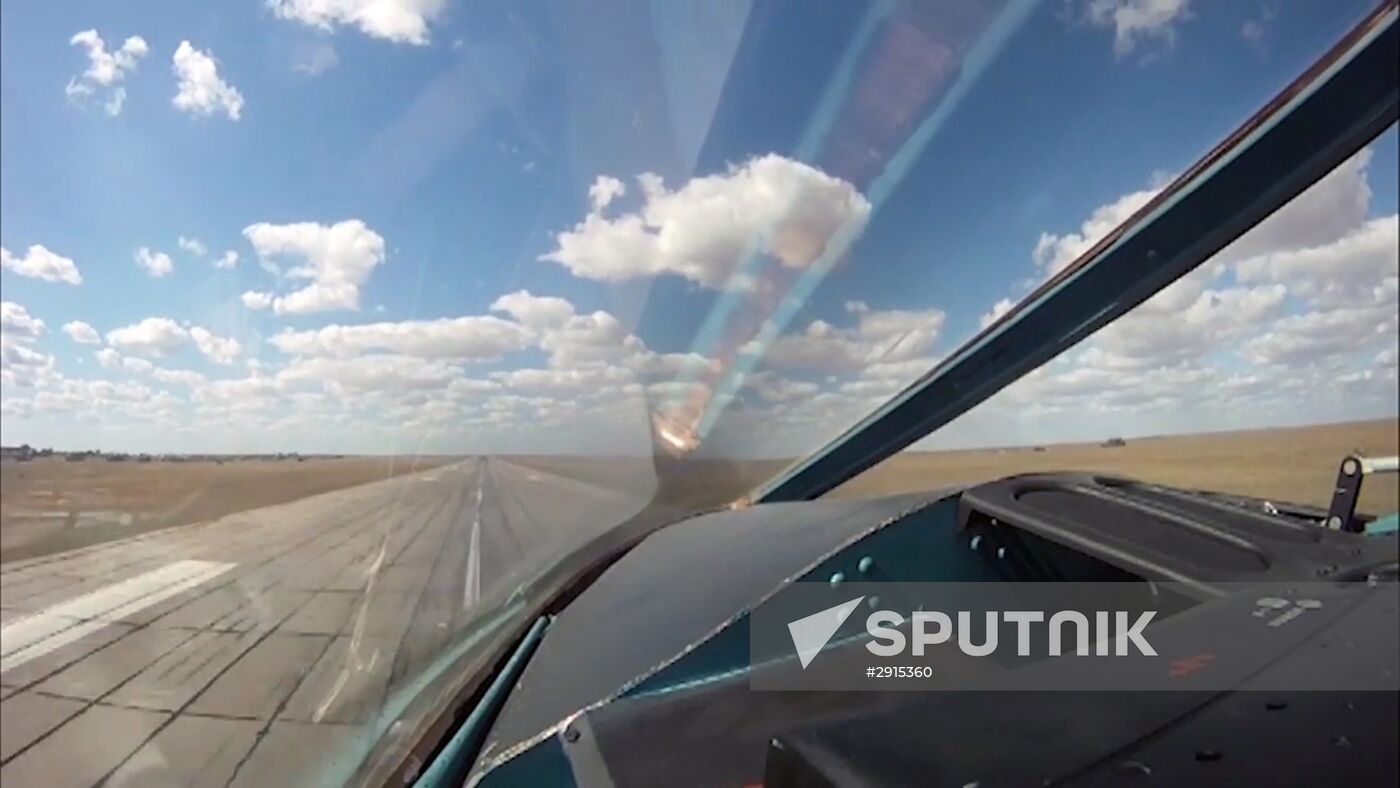 Russia's Sukhoi Su-34 Fullback tactical bombers from Hamadan air base strike ISIS sites in Syria